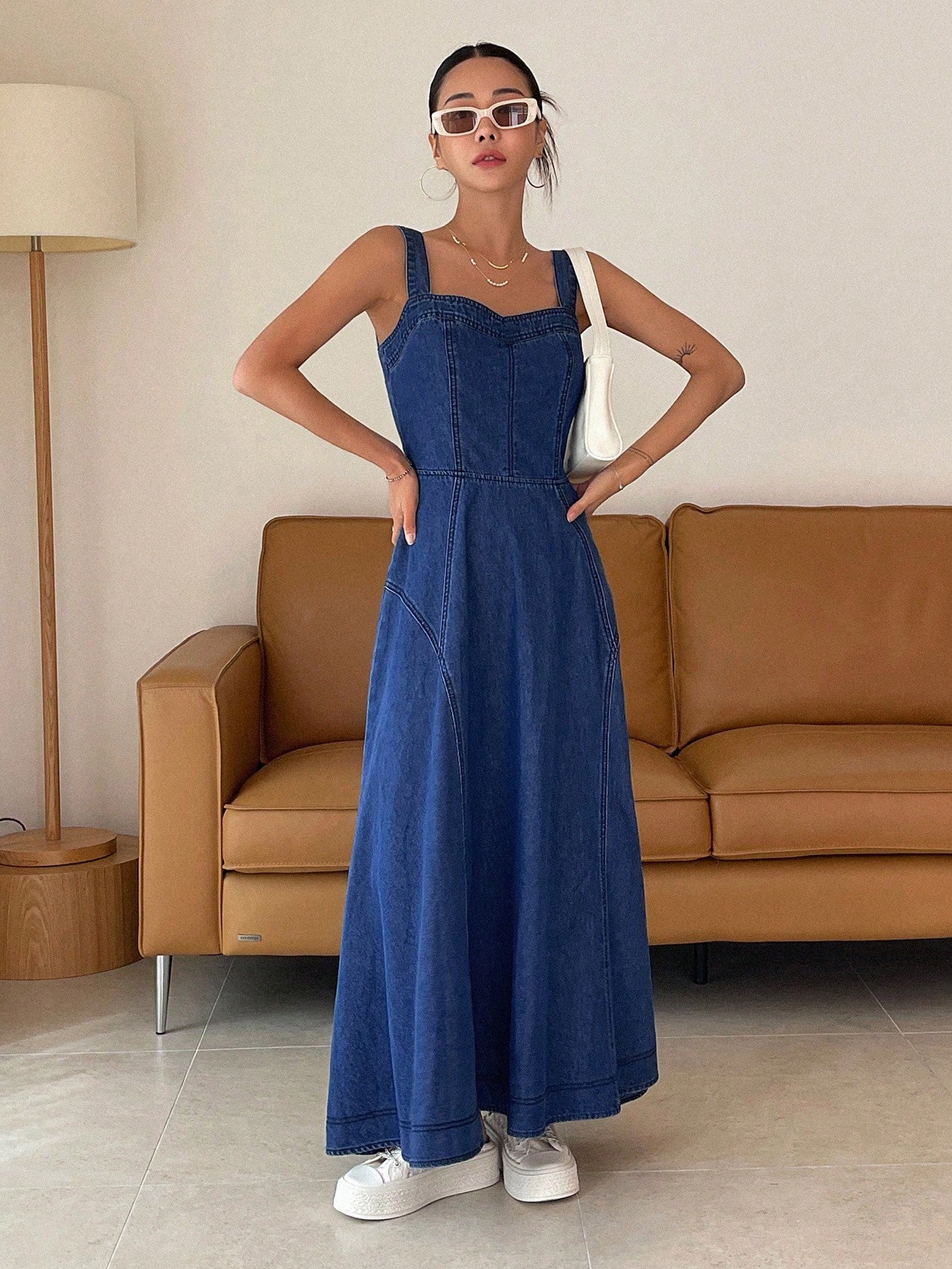 CM-DS392199 Women Casual Seoul Style Dark Wash Straps Neckline Zip Back Cami Denim Dress