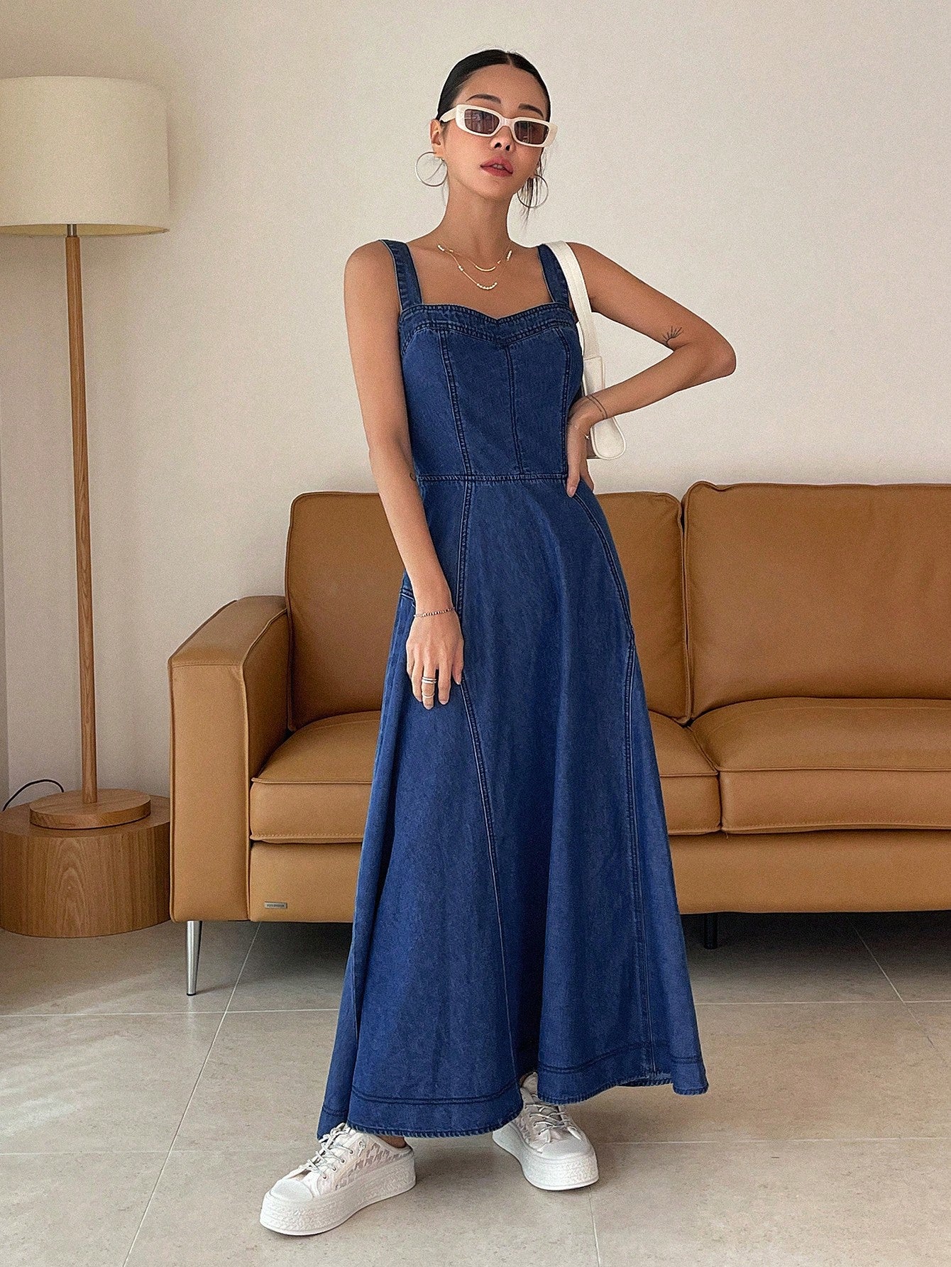 CM-DS392199 Women Casual Seoul Style Dark Wash Straps Neckline Zip Back Cami Denim Dress