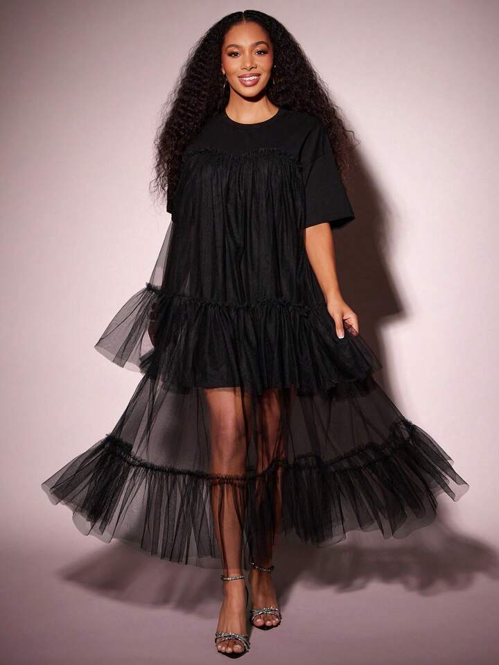CM-DS243277 Women Elegant Seoul Style Round Neck Short Sleeve Contrast Mesh Tulle Tiered Maxi Dress - Black