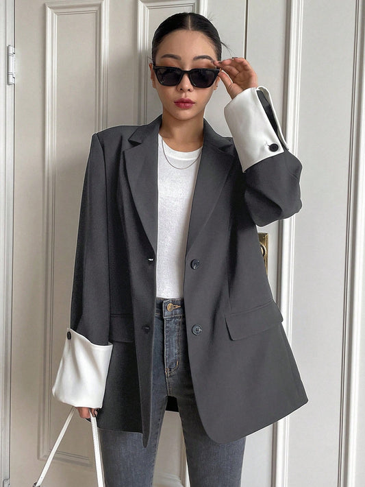 CM-CS570576 Women Casual Seoul Style Lapel Neckline Button Front Long Sleeve Blazer - Gray