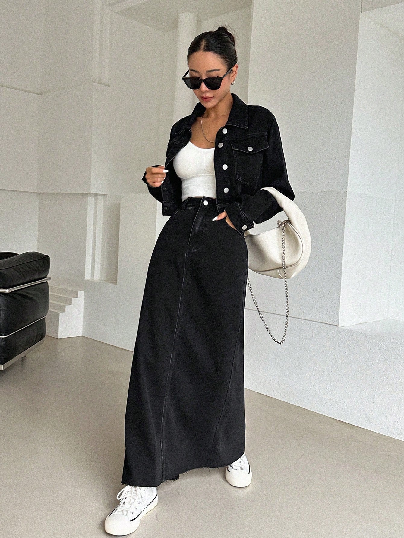 CM-SS376150 Women Casual Seoul Style Flap Pocket Drop Shoulder Denim Jacket With Split Back Skirt - Set