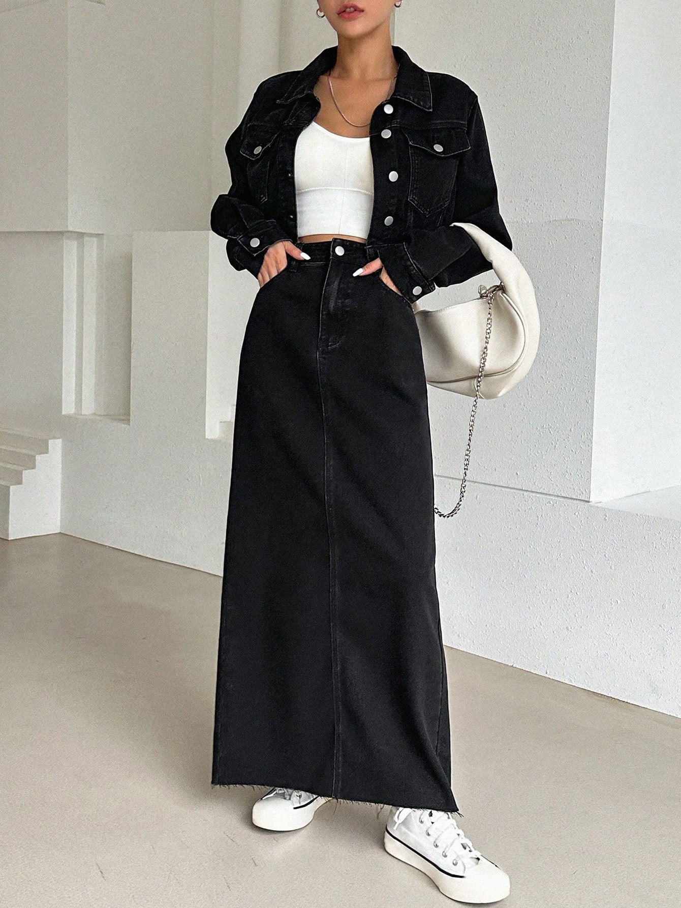 CM-SS376150 Women Casual Seoul Style Flap Pocket Drop Shoulder Denim Jacket With Split Back Skirt - Set