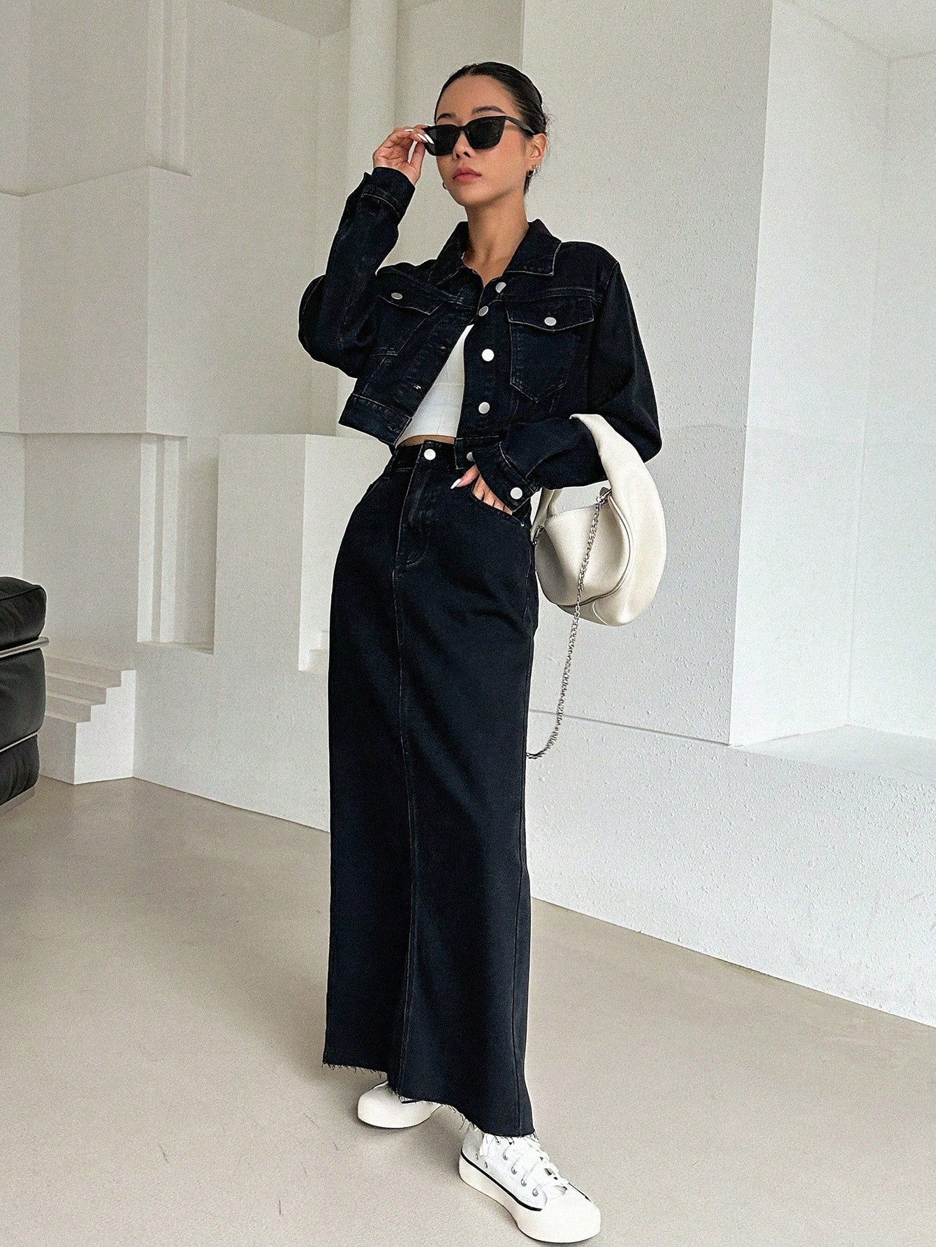 CM-SS376150 Women Casual Seoul Style Flap Pocket Drop Shoulder Denim Jacket With Split Back Skirt - Set