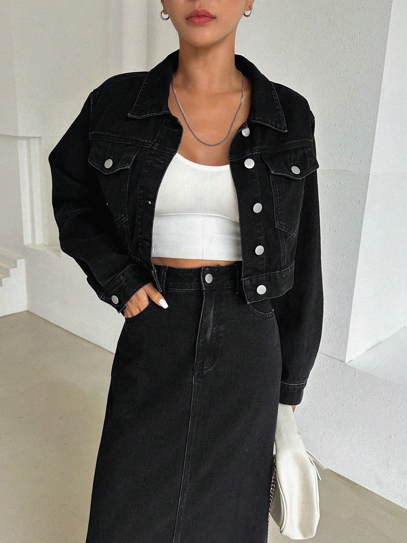 CM-SS376150 Women Casual Seoul Style Flap Pocket Drop Shoulder Denim Jacket With Split Back Skirt - Set