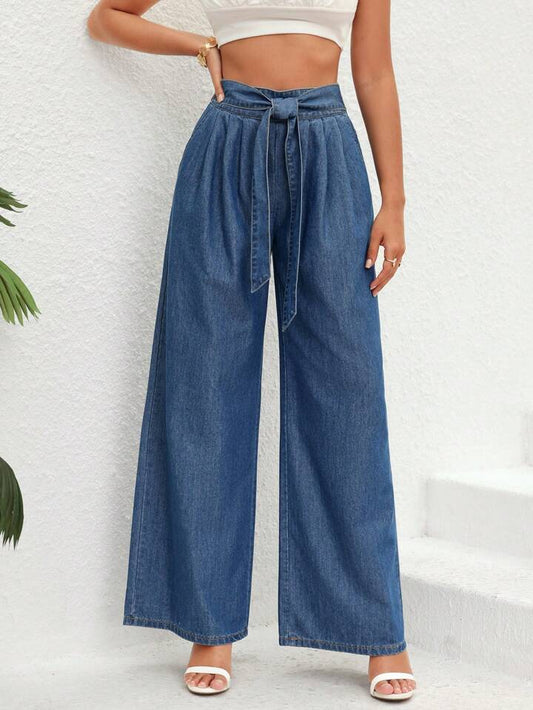 CM-BS692337 Women Casual Seoul Style Medium Wash High Waist Belted Wide Leg Jeans