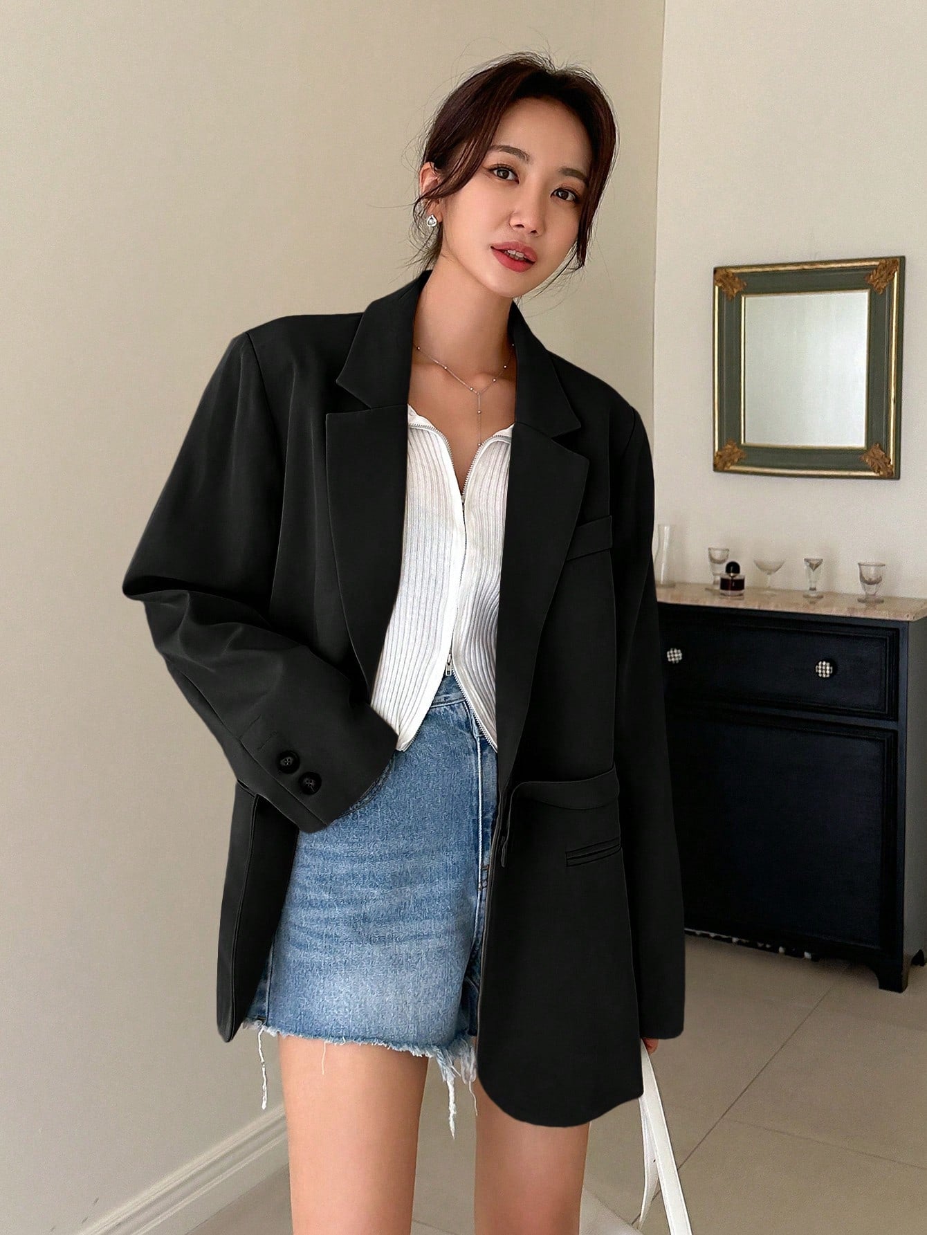 CM-CS219114 Women Casual Seoul Style Solid Color Asymmetric Collar Long Sleeve Loose Blazer - Black