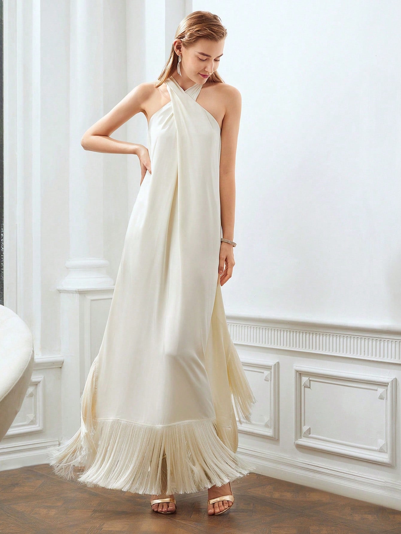 CM-DS888788 Women Elegant Seoul Style Halter Sleeveless Fringe Hem Loose Dress - Beige