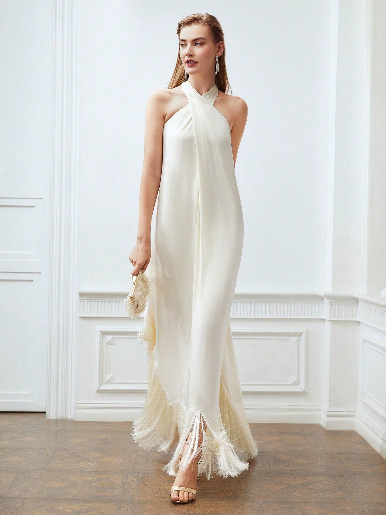CM-DS888788 Women Elegant Seoul Style Halter Sleeveless Fringe Hem Loose Dress - Beige