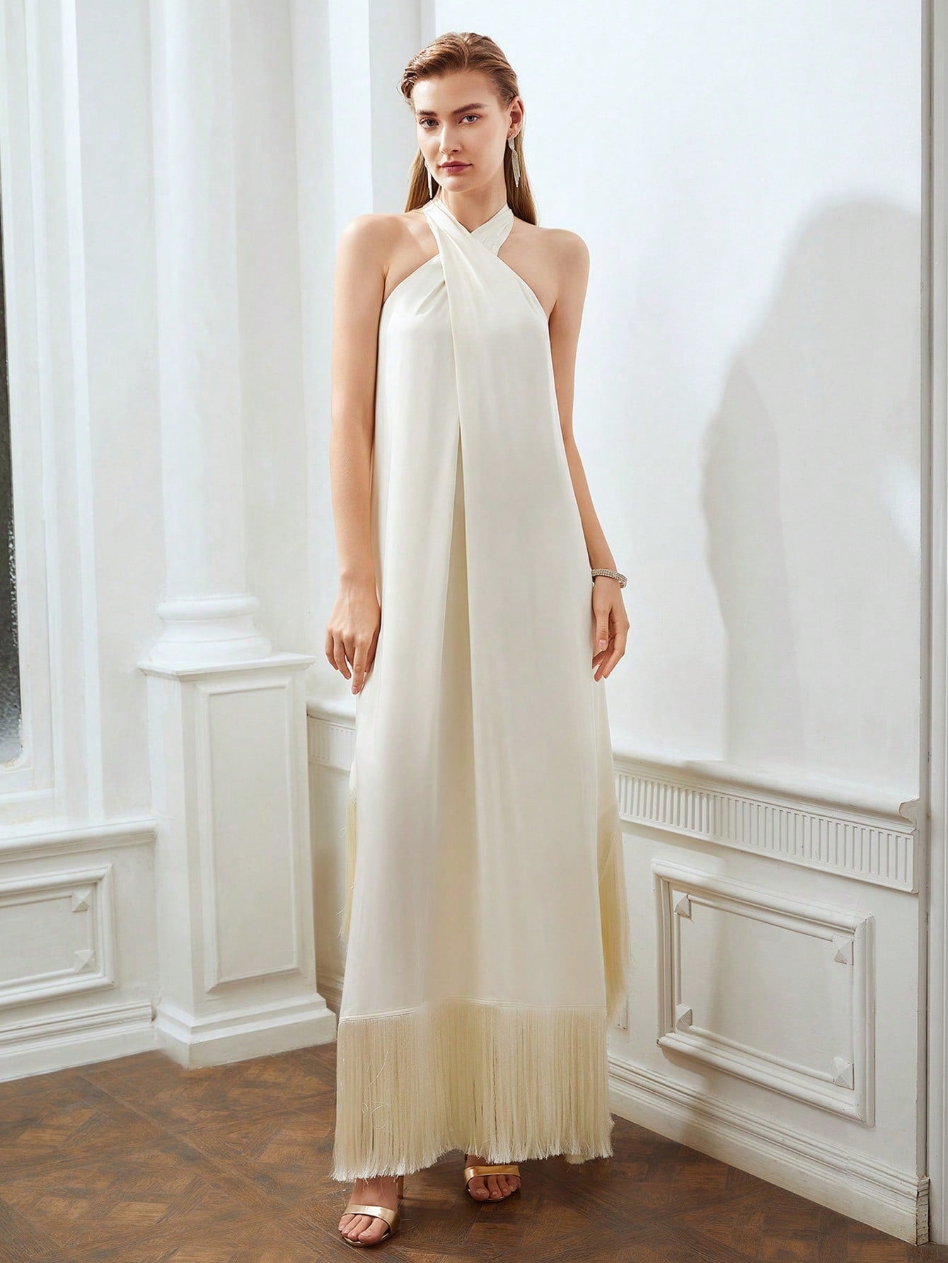 CM-DS888788 Women Elegant Seoul Style Halter Sleeveless Fringe Hem Loose Dress - Beige
