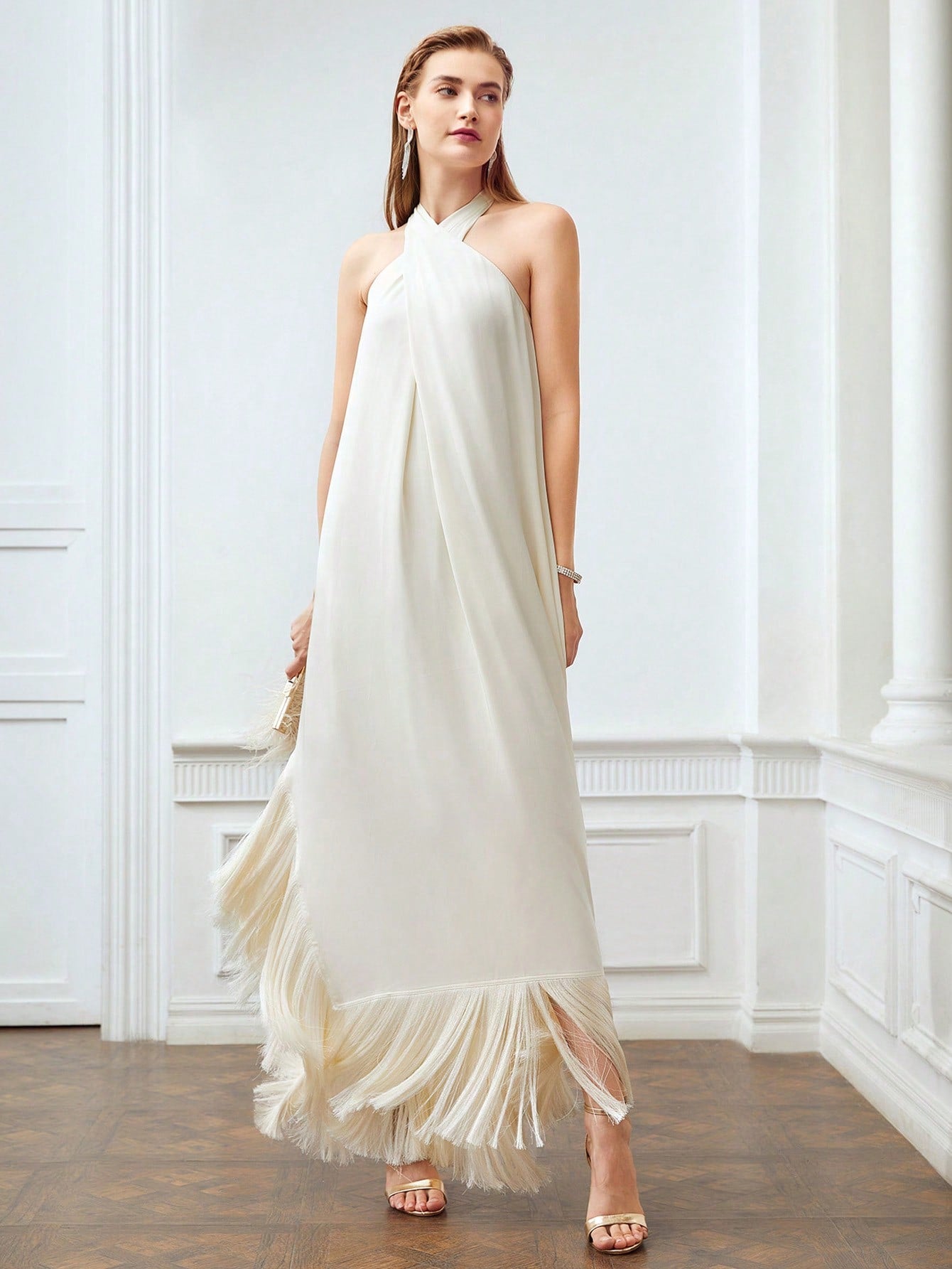 CM-DS888788 Women Elegant Seoul Style Halter Sleeveless Fringe Hem Loose Dress - Beige