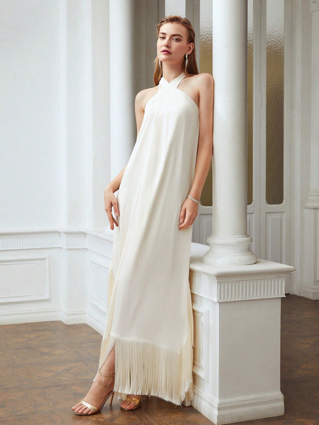 CM-DS888788 Women Elegant Seoul Style Halter Sleeveless Fringe Hem Loose Dress - Beige