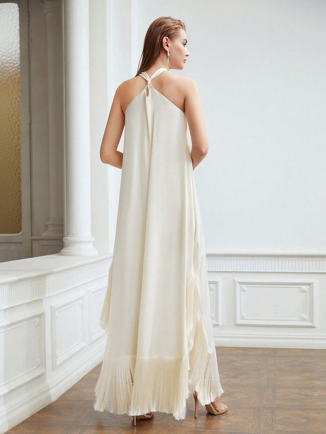 CM-DS888788 Women Elegant Seoul Style Halter Sleeveless Fringe Hem Loose Dress - Beige