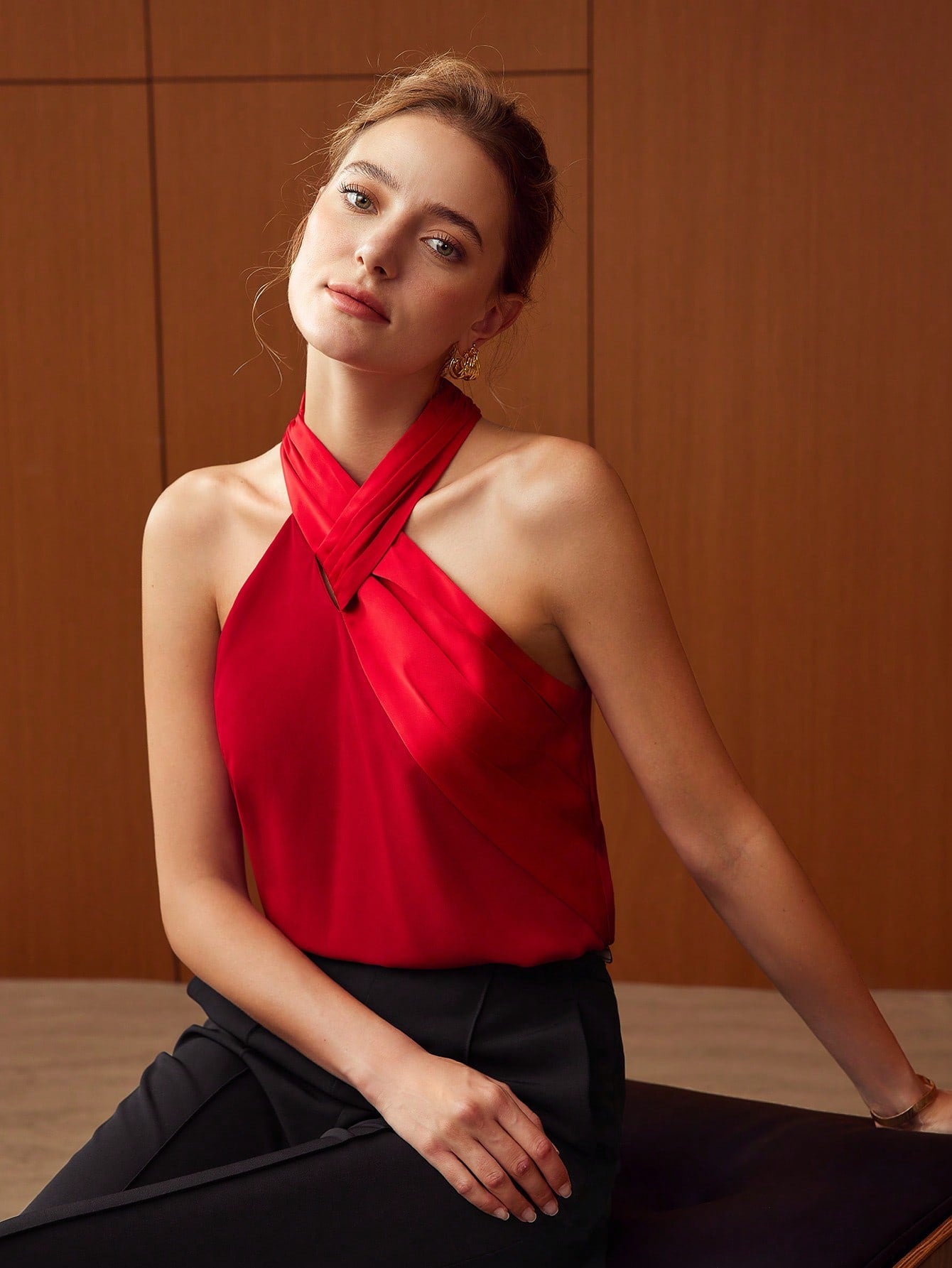 CM-TS298130 Women Elegant Seoul Style Criss Cross Halter Neckline Sleeveless Blouse - Red