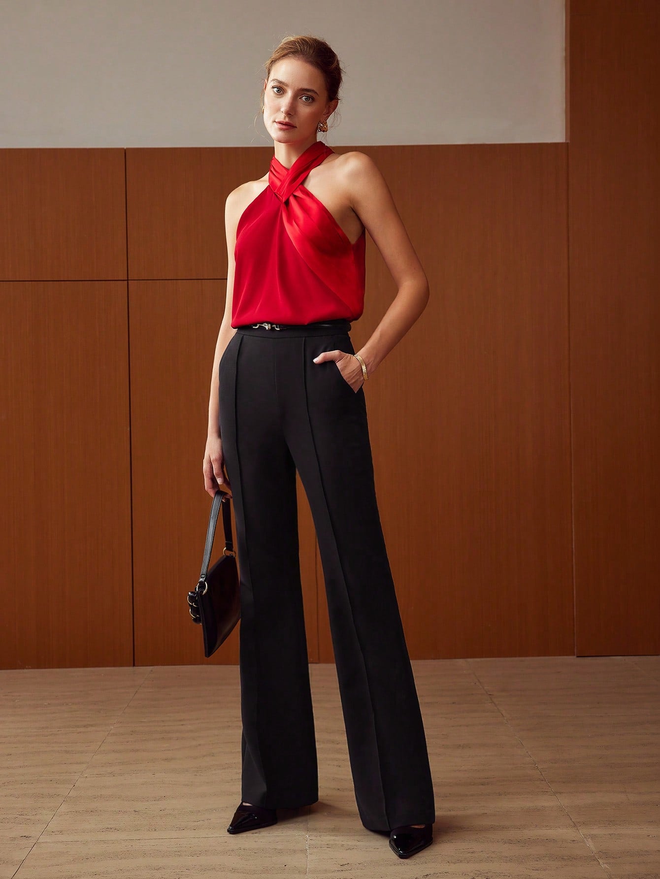 CM-TS298130 Women Elegant Seoul Style Criss Cross Halter Neckline Sleeveless Blouse - Red