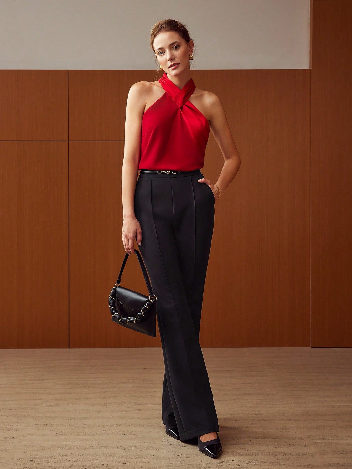 CM-TS298130 Women Elegant Seoul Style Criss Cross Halter Neckline Sleeveless Blouse - Red