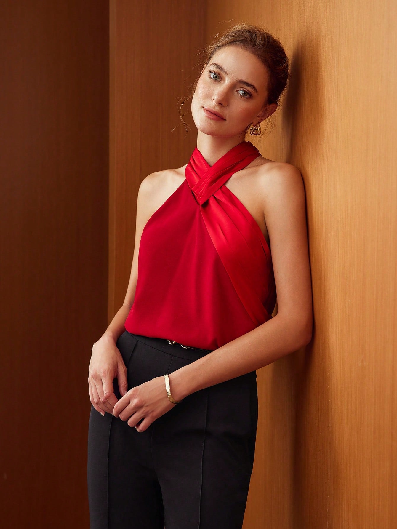 CM-TS298130 Women Elegant Seoul Style Criss Cross Halter Neckline Sleeveless Blouse - Red