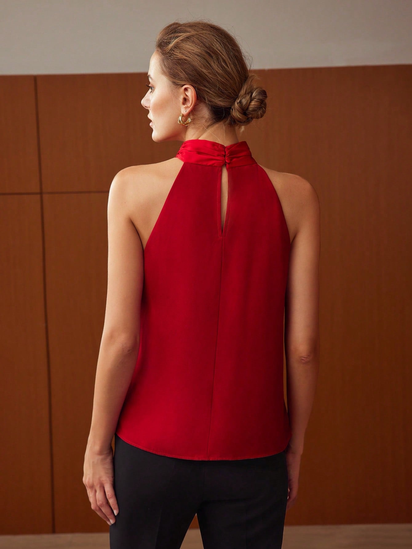 CM-TS298130 Women Elegant Seoul Style Criss Cross Halter Neckline Sleeveless Blouse - Red
