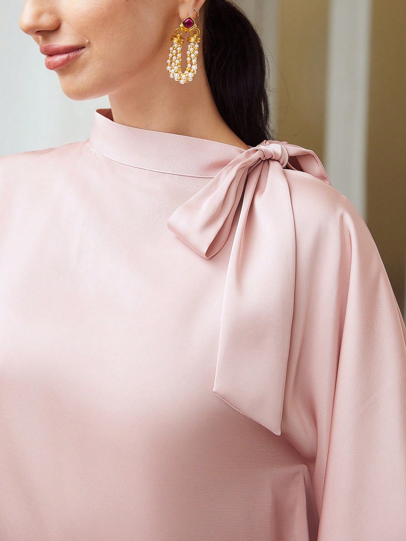CM-TS668062 Women Elegant Seoul Style Stand Collar 3/4 Sleeve Bow Satin Blouse - Dusty Pink