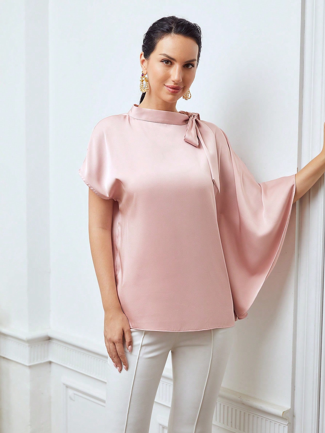CM-TS668062 Women Elegant Seoul Style Stand Collar 3/4 Sleeve Bow Satin Blouse - Dusty Pink