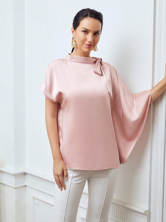 CM-TS668062 Women Elegant Seoul Style Stand Collar 3/4 Sleeve Bow Satin Blouse - Dusty Pink