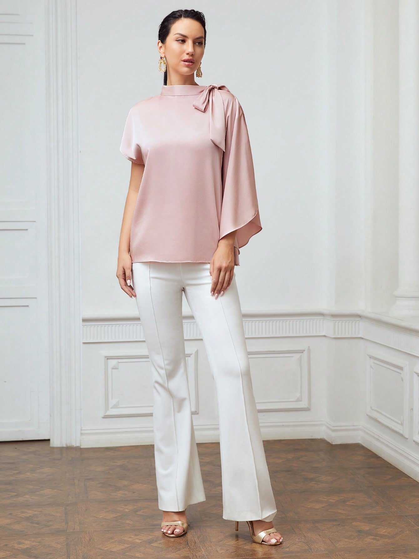 CM-TS668062 Women Elegant Seoul Style Stand Collar 3/4 Sleeve Bow Satin Blouse - Dusty Pink