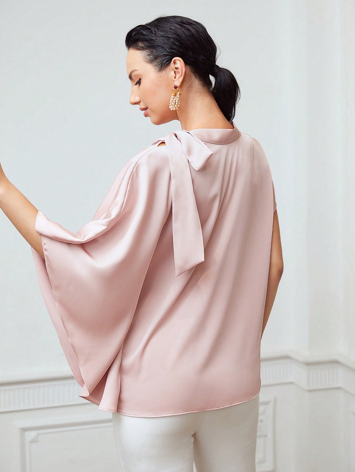 CM-TS668062 Women Elegant Seoul Style Stand Collar 3/4 Sleeve Bow Satin Blouse - Dusty Pink