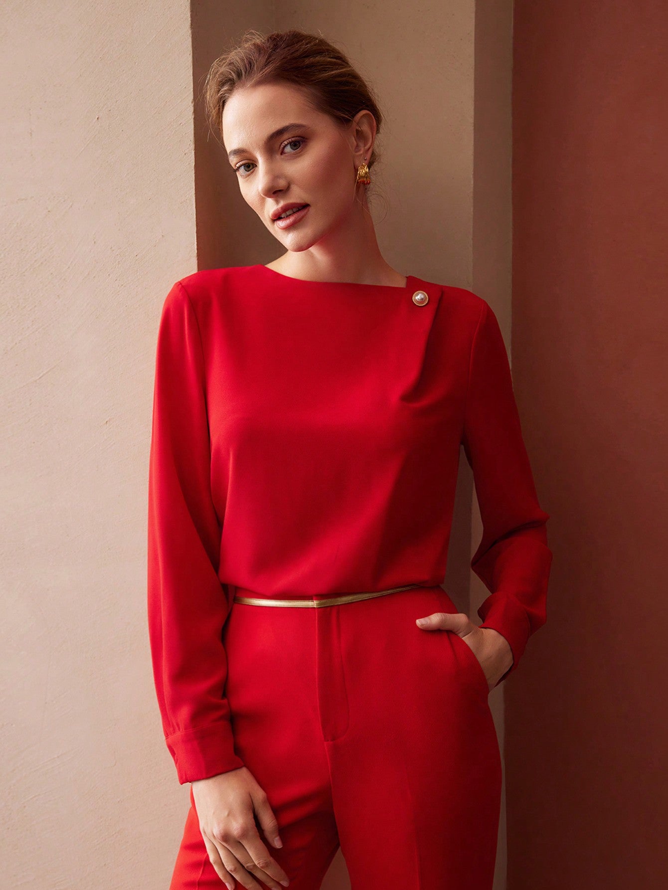 CM-TS354828 Women Elegant Seoul Style Boat Neck Long Sleeve Pearl Button Blouse - Red