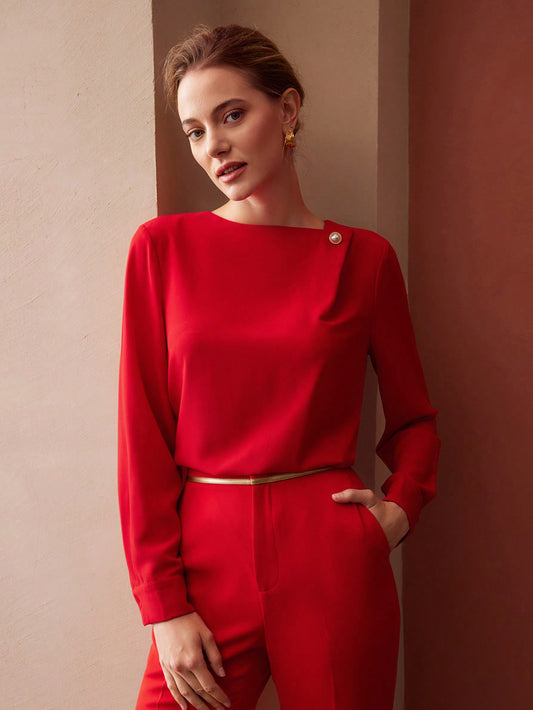 CM-TS354828 Women Elegant Seoul Style Boat Neck Long Sleeve Pearl Button Blouse - Red