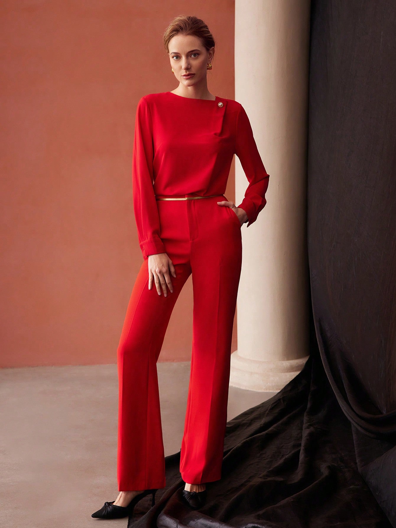 CM-TS354828 Women Elegant Seoul Style Boat Neck Long Sleeve Pearl Button Blouse - Red