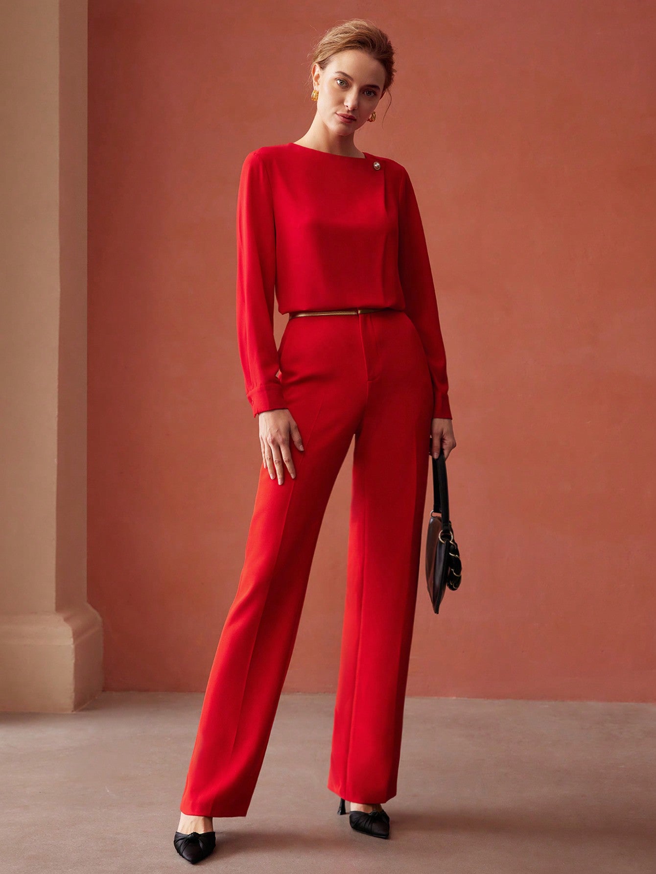 CM-TS354828 Women Elegant Seoul Style Boat Neck Long Sleeve Pearl Button Blouse - Red