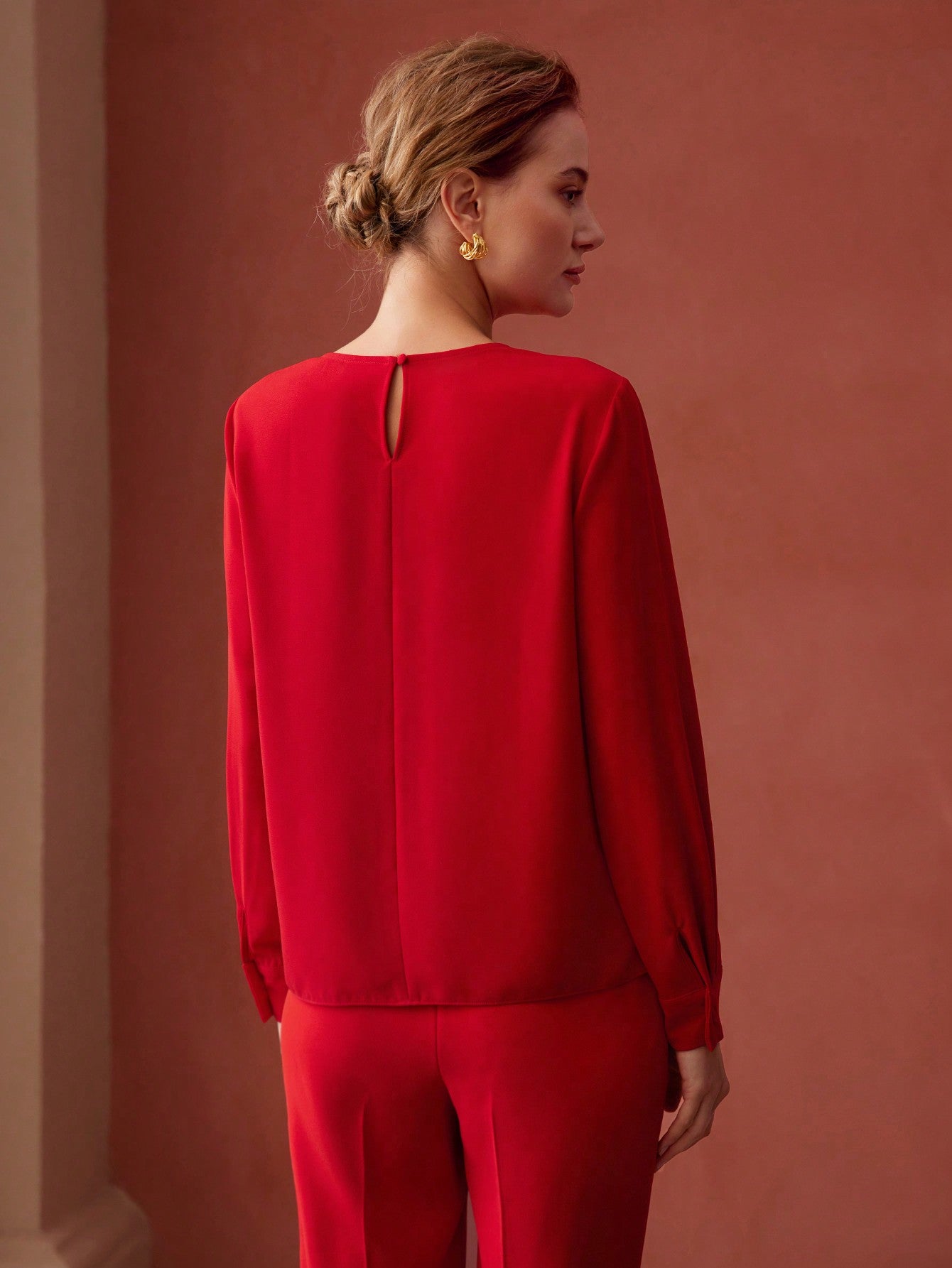 CM-TS354828 Women Elegant Seoul Style Boat Neck Long Sleeve Pearl Button Blouse - Red