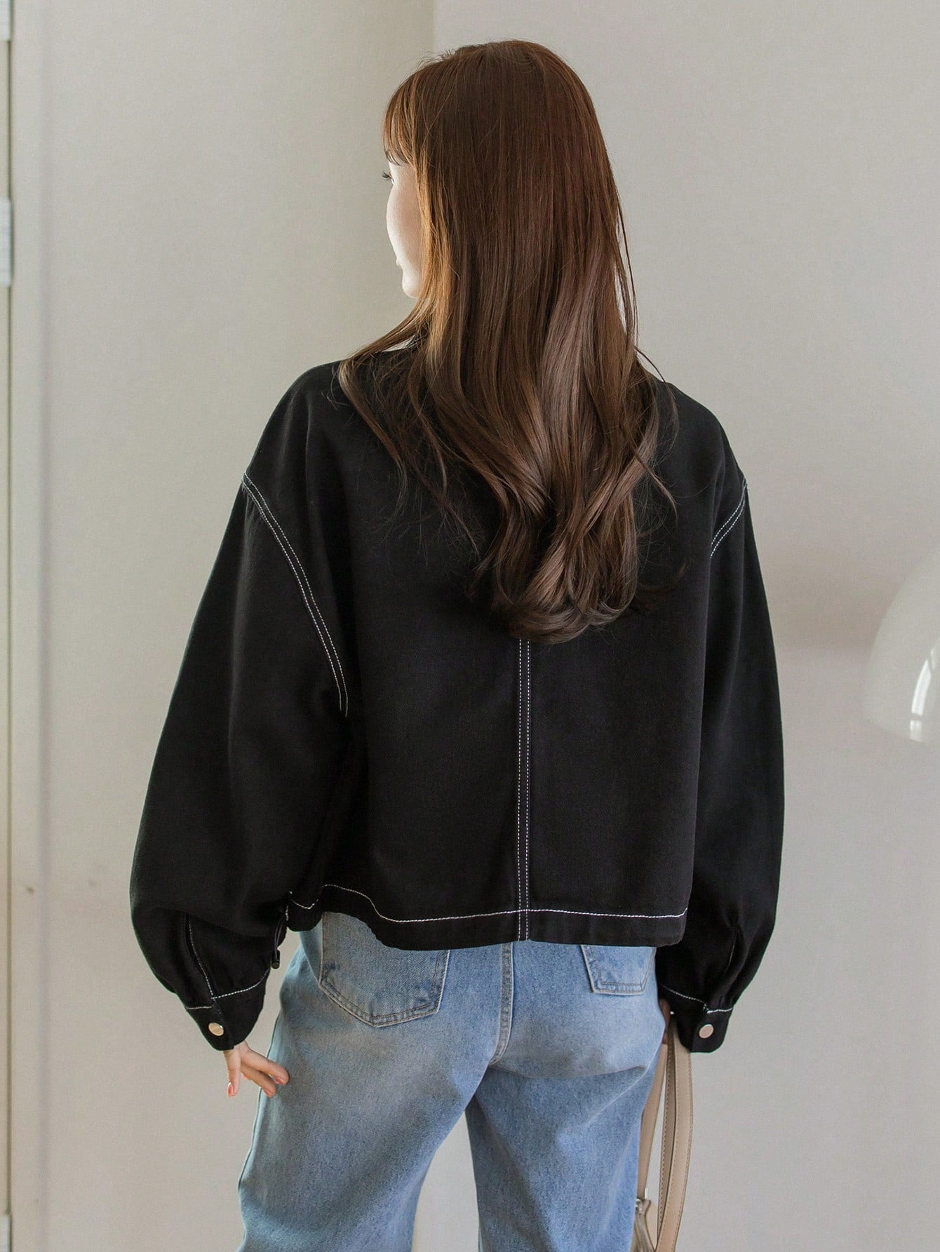 CM-CS956246 Women Casual Seoul Style Turn-Down Collar Long Sleeve Oversized Denim Jacket - Black