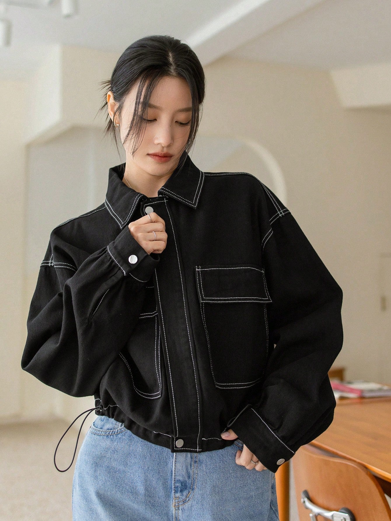 CM-CS956246 Women Casual Seoul Style Turn-Down Collar Long Sleeve Oversized Denim Jacket - Black