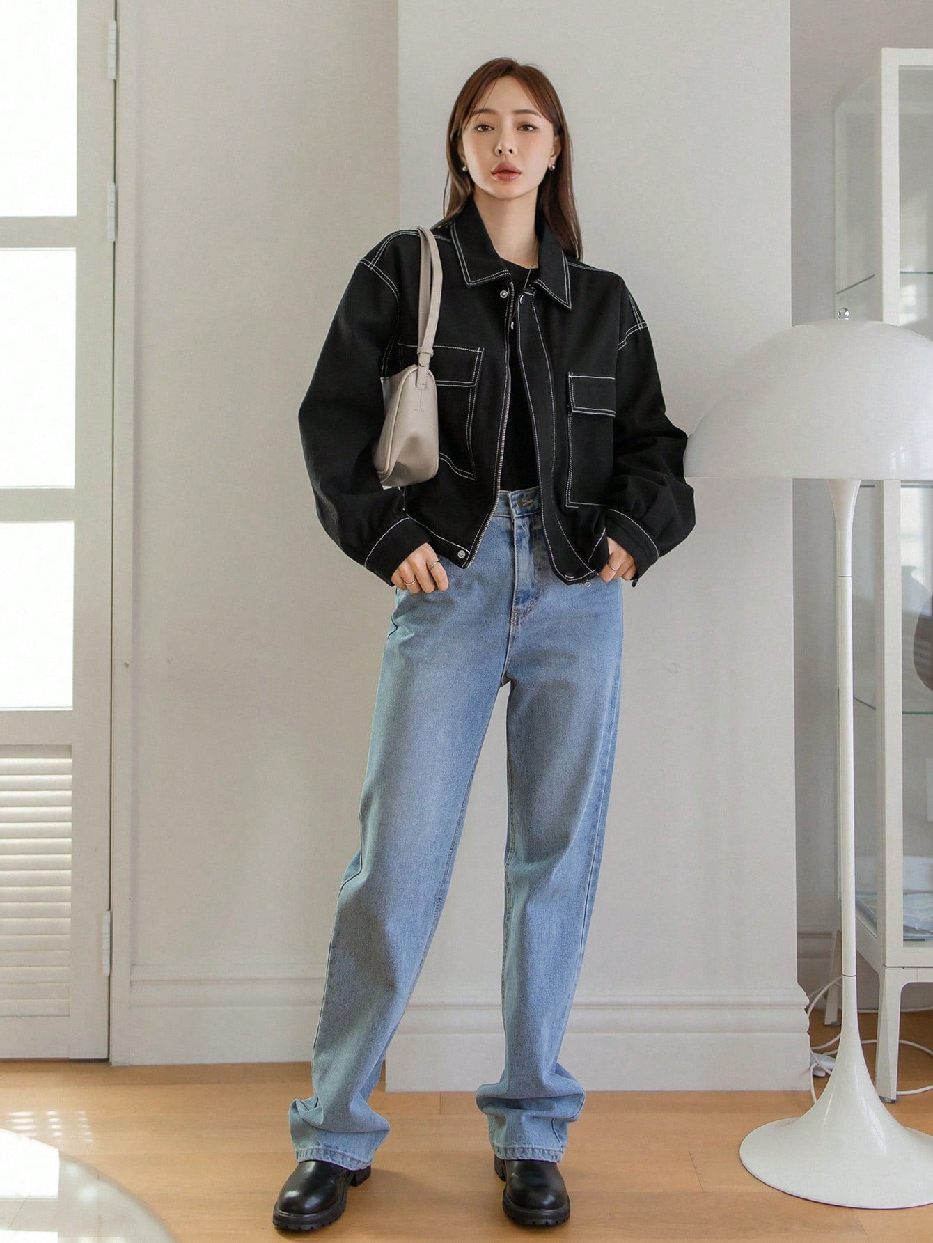 CM-CS956246 Women Casual Seoul Style Turn-Down Collar Long Sleeve Oversized Denim Jacket - Black