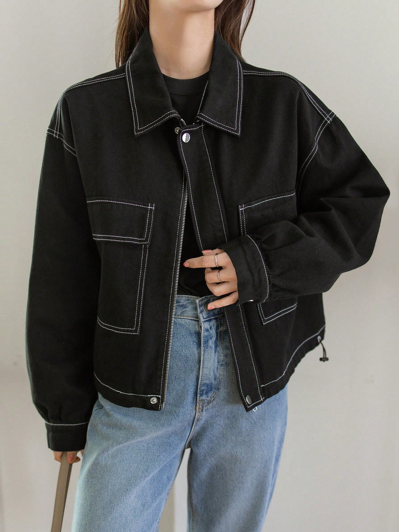 CM-CS956246 Women Casual Seoul Style Turn-Down Collar Long Sleeve Oversized Denim Jacket - Black