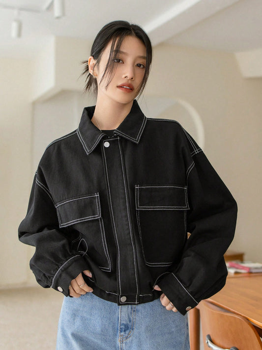 CM-CS956246 Women Casual Seoul Style Turn-Down Collar Long Sleeve Oversized Denim Jacket - Black