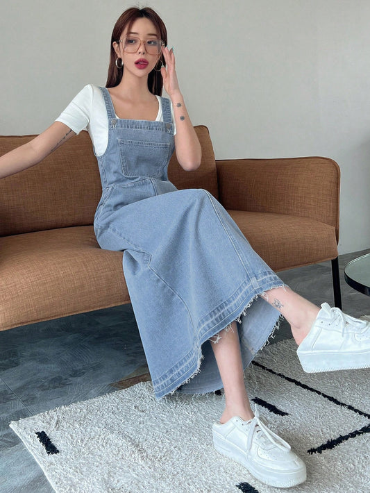 CM-DS290629 Women Casual Seoul Style Light Wash Slant Pocket Split Back Denim Overall Dress