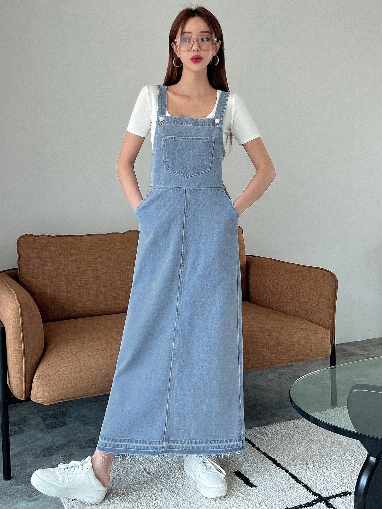 CM-DS290629 Women Casual Seoul Style Light Wash Slant Pocket Split Back Denim Overall Dress