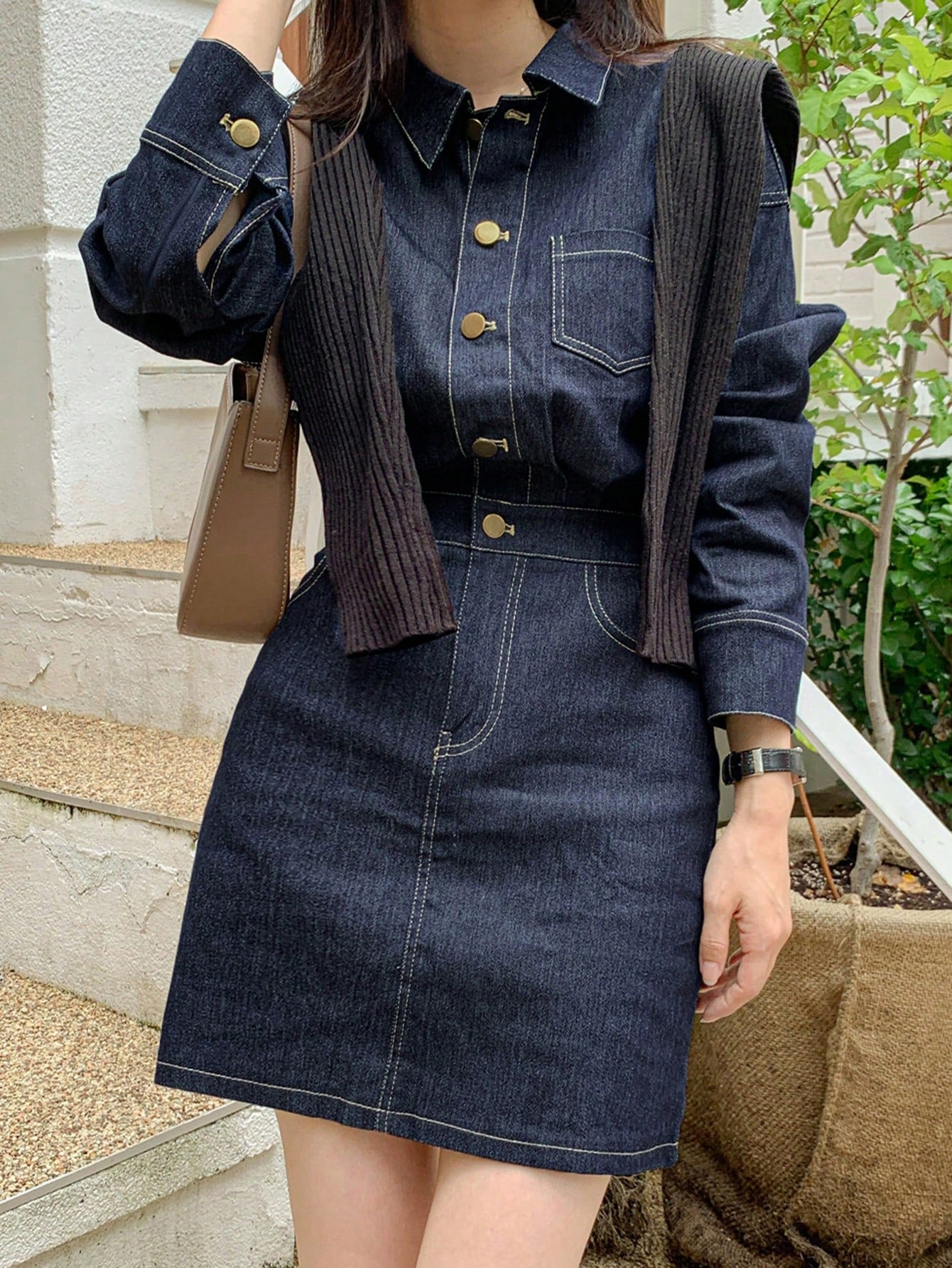 CM-DS750558 Women Casual Seoul Style Dark Wash Wrist Length Solid Button Front Denim Dress