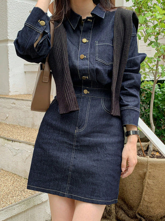 CM-DS750558 Women Casual Seoul Style Dark Wash Wrist Length Solid Button Front Denim Dress