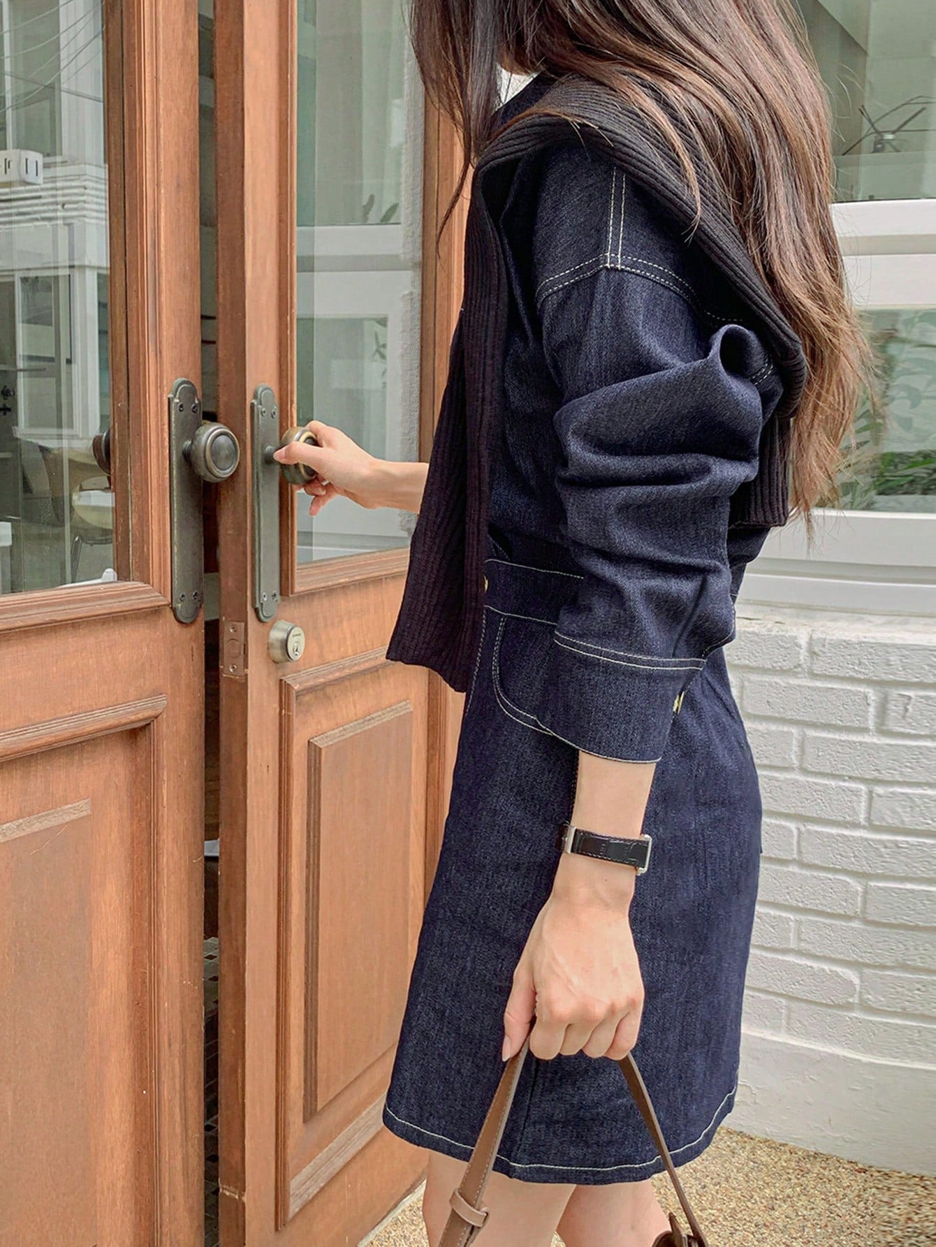 CM-DS750558 Women Casual Seoul Style Dark Wash Wrist Length Solid Button Front Denim Dress