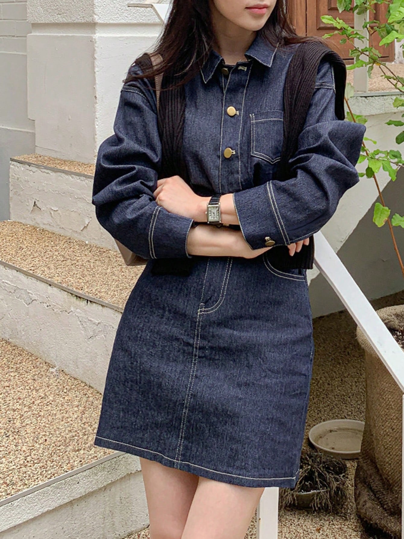 CM-DS750558 Women Casual Seoul Style Dark Wash Wrist Length Solid Button Front Denim Dress