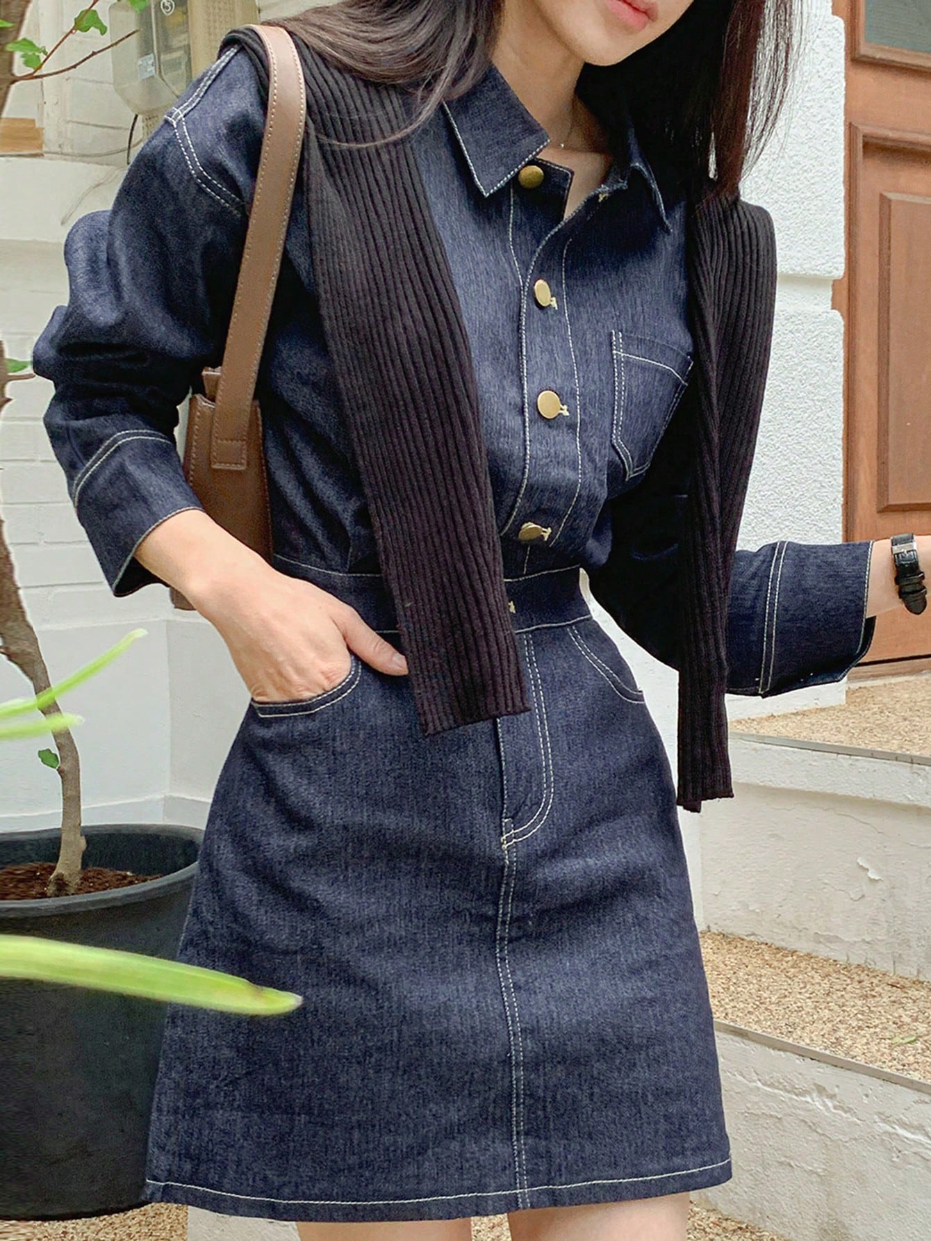 CM-DS750558 Women Casual Seoul Style Dark Wash Wrist Length Solid Button Front Denim Dress