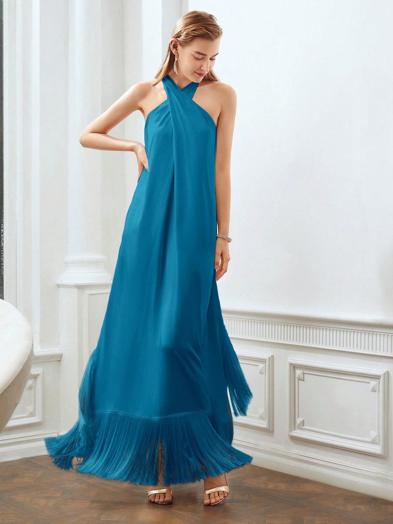 CM-DS829235 Women Elegant Seoul Style Halter Sleeveless Fringe Hem Loose Dress - Teal Blue