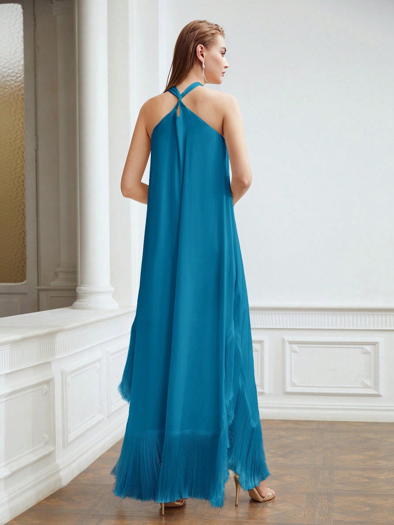 CM-DS829235 Women Elegant Seoul Style Halter Sleeveless Fringe Hem Loose Dress - Teal Blue