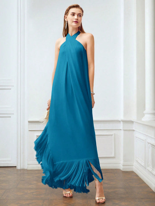 CM-DS829235 Women Elegant Seoul Style Halter Sleeveless Fringe Hem Loose Dress - Teal Blue