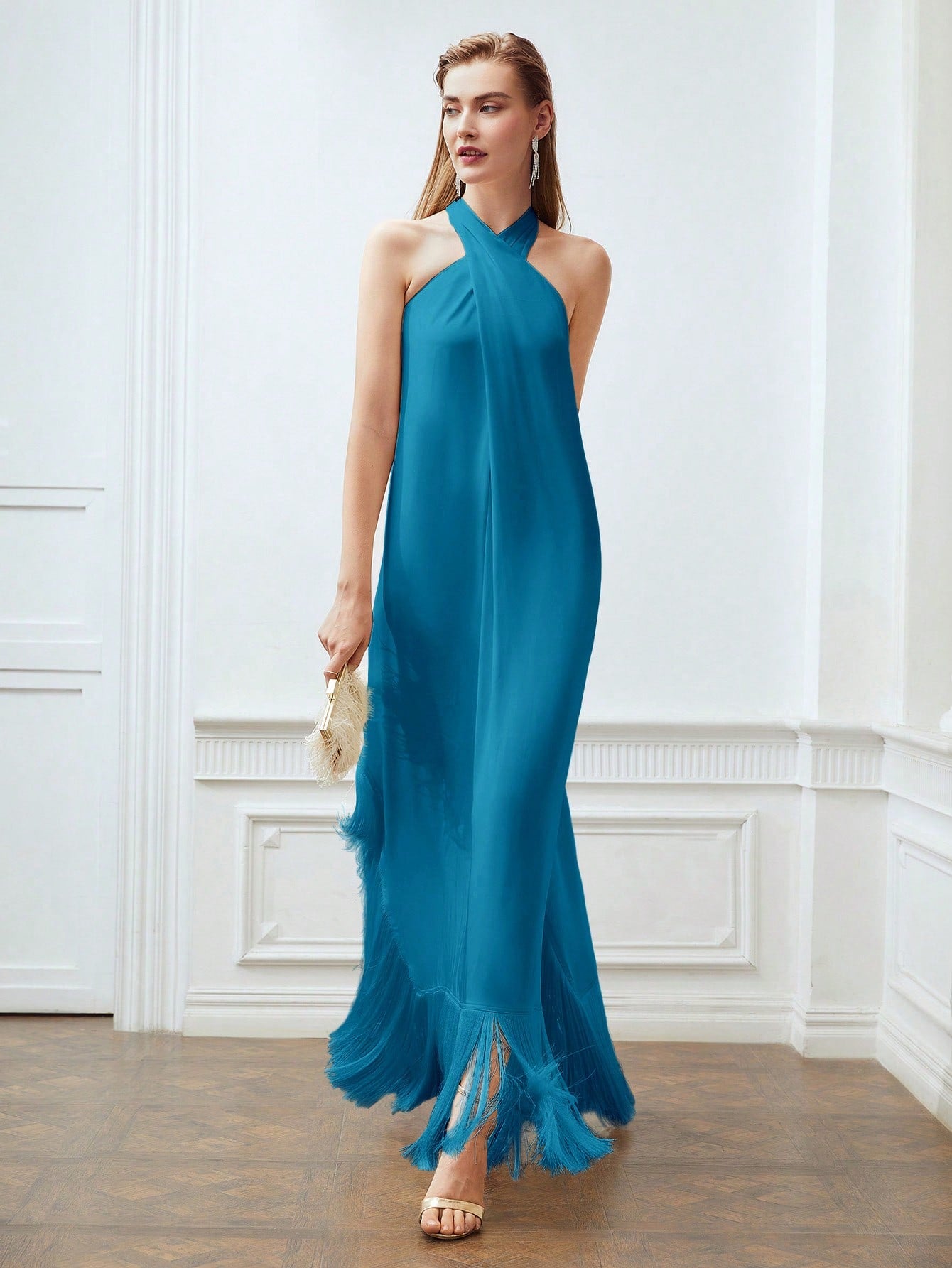 CM-DS829235 Women Elegant Seoul Style Halter Sleeveless Fringe Hem Loose Dress - Teal Blue