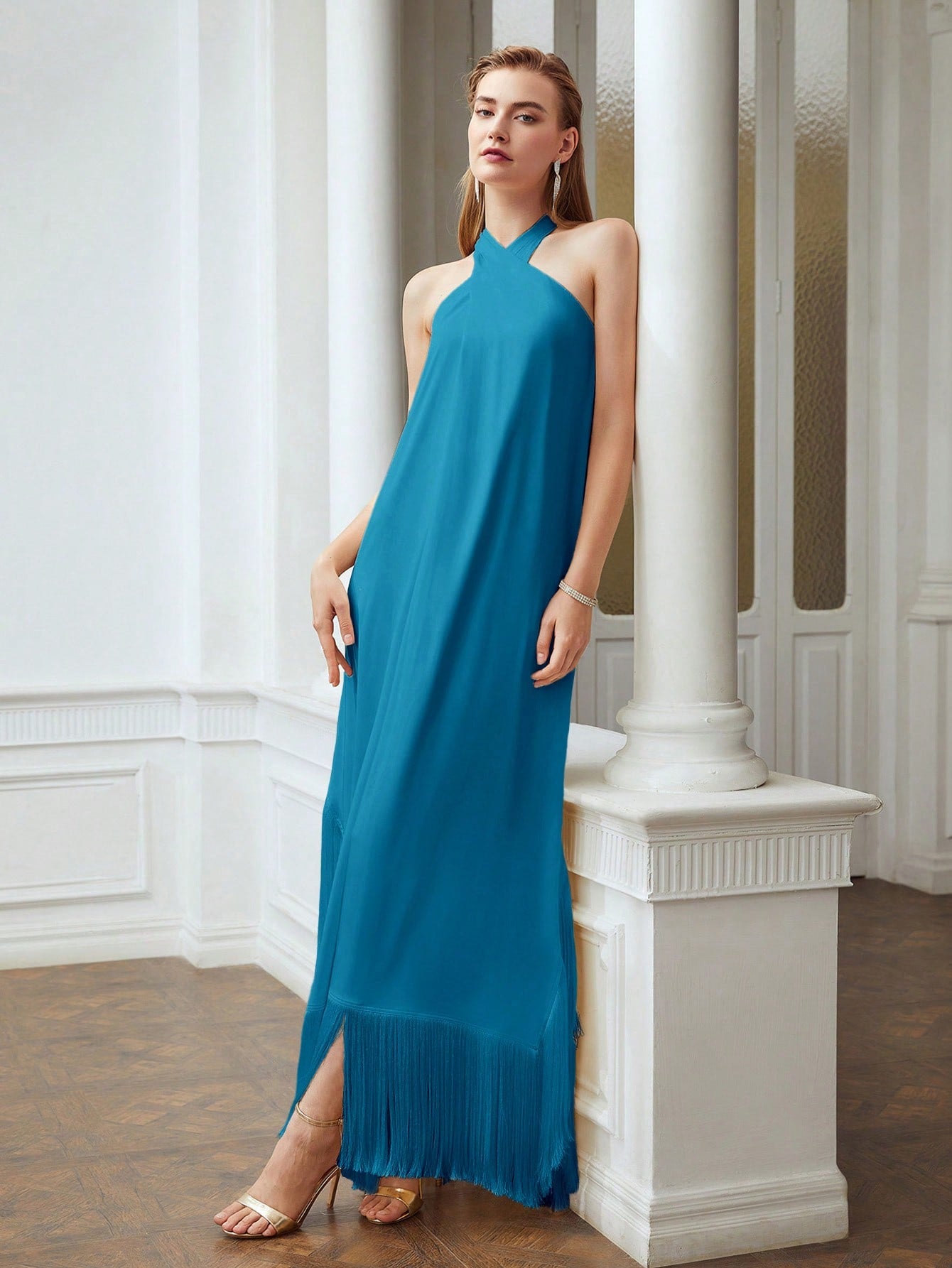 CM-DS829235 Women Elegant Seoul Style Halter Sleeveless Fringe Hem Loose Dress - Teal Blue