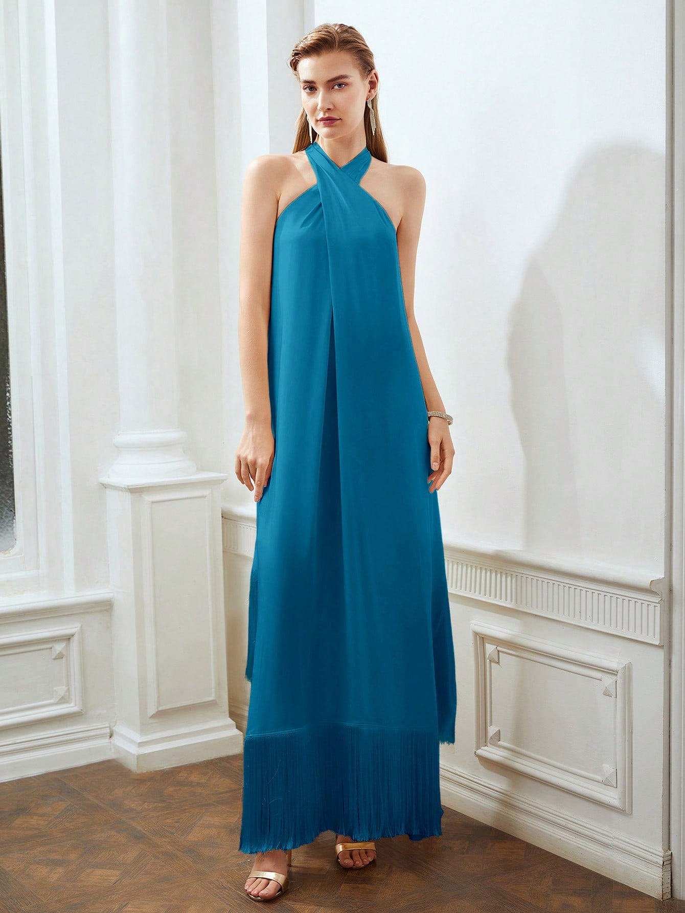 CM-DS829235 Women Elegant Seoul Style Halter Sleeveless Fringe Hem Loose Dress - Teal Blue