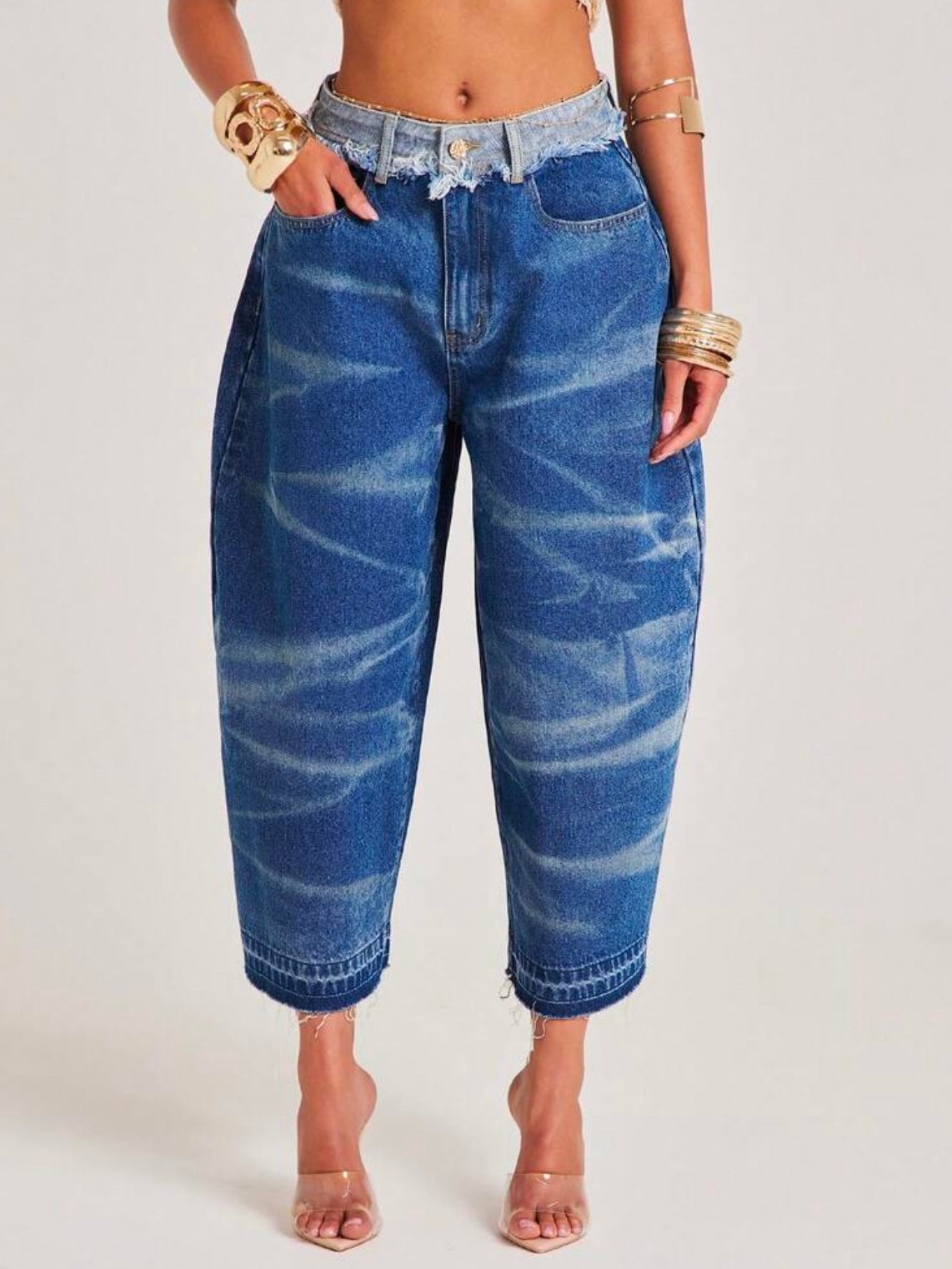 CM-BS065804 Women Casual Seoul Style Medium Wash Cutoff Waistband Baggy Loose Fit Oversized Bermuda Denim Shorts